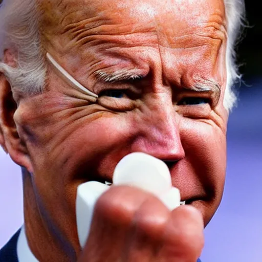 Image similar to joe biden with chiclets in the place of his teeth, his eyes have flames in them, the flames are red and menacing, photorealistic, 5 0 mm,