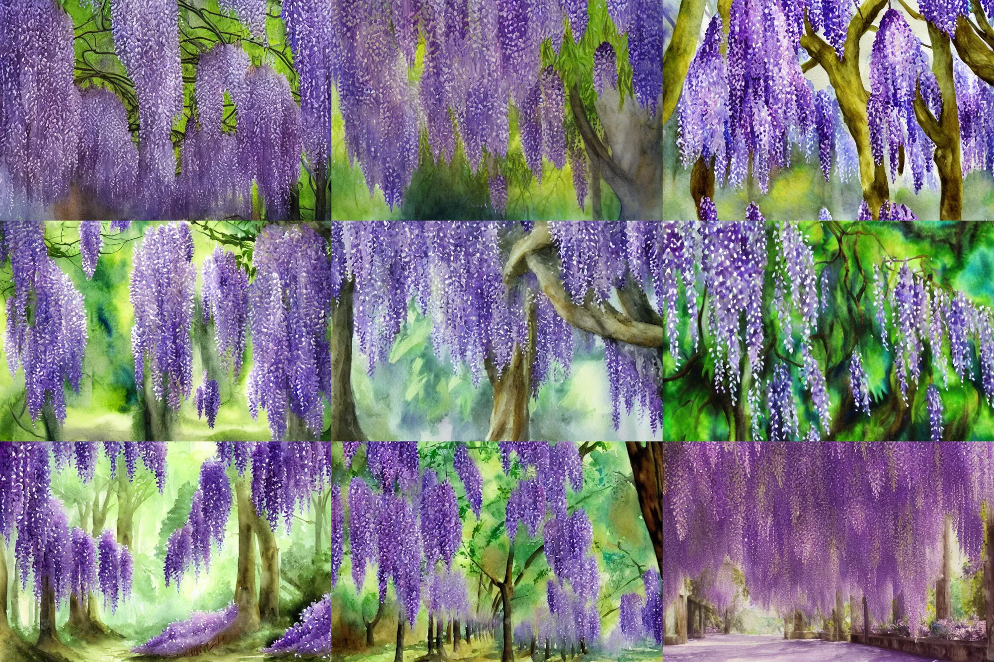 Prompt: Wisteria forest, high quality watercolors, award winning, trending on ArtStation