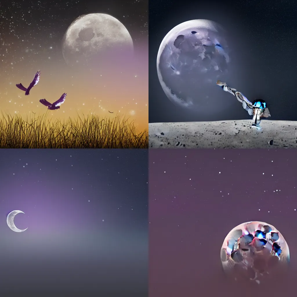 Prompt: A sillouhete of an owl flying in front of the moon, dark purple sky with stars in background, HD