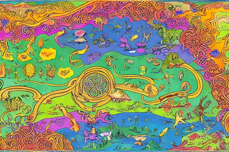 Image similar to Map of a psychedelic realm in the style of the voynich manuscript highly detailed, full color, as painted by lisa frank and bob ross