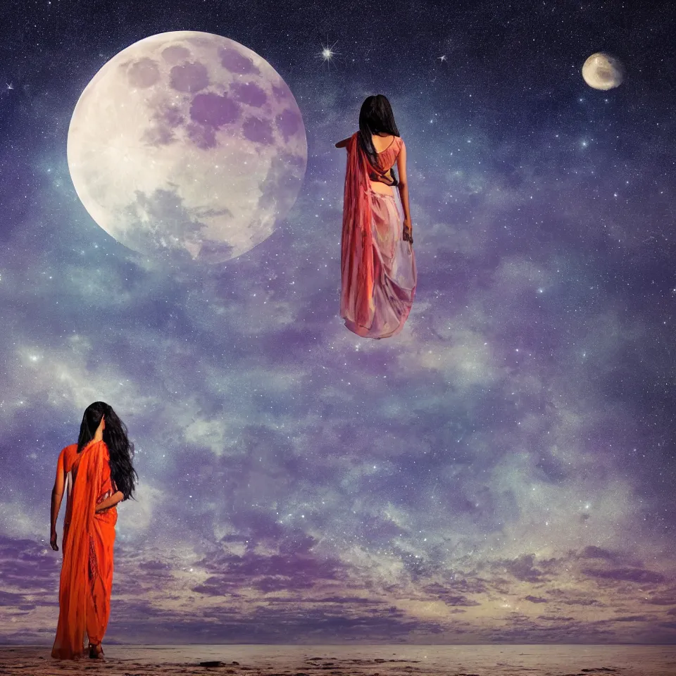 Image similar to young indian woman standing by the ocean at night with the moon above and the galaxy visible, masterful intricate artwork, high detail 8 k