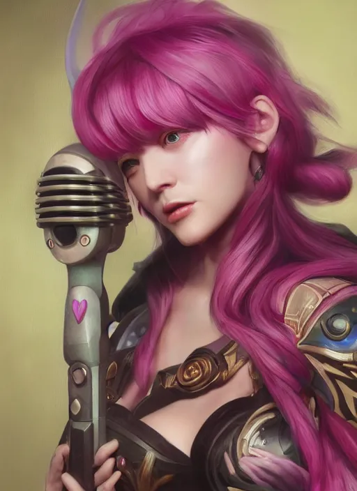 Image similar to seraphine, from league of legends, pink hair, studio microphone, new musical instruments, au naturel, hyper detailed, digital art, trending in artstation, cinematic lighting, studio quality, smooth render, unreal engine 5 rendered, octane rendered, art style by klimt and nixeu and ian sprigger and wlop and krenz cushart