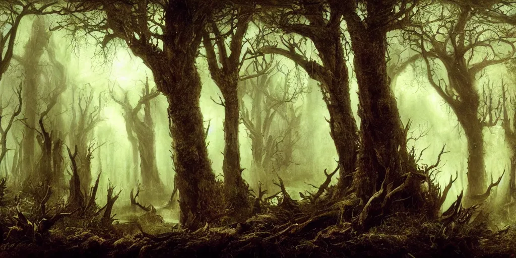 Image similar to dark gothic fantasy forest artwork by eugene von guerard