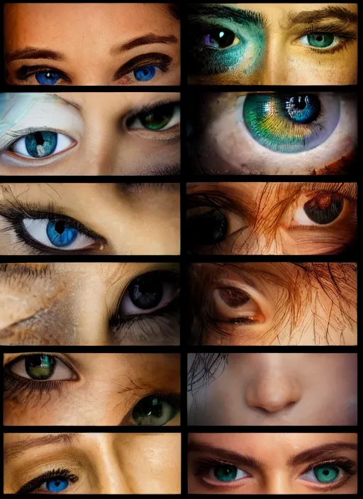 Image similar to grid montage of eyes, detailed colored textures, eyelashes, advanced art, art styles mix, from wikipedia, wet reflections in eyes, sunshine lighting, hd macro photograph, from side, various eyelid positions, black sphere pupil centered