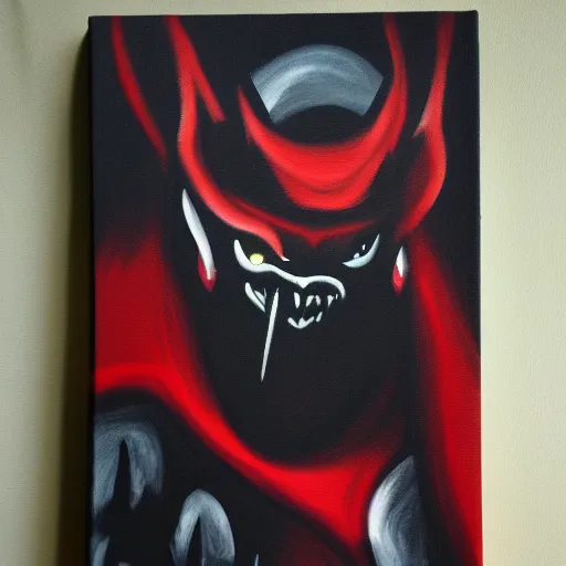 Prompt: Demon ninja warrior, Acrylic on canvas, low-key lighting, low angle, somber, sinister, doom, haunting