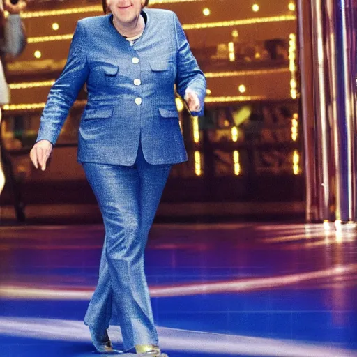 Prompt: A still of Angela Merkel wearing a disco suit in Saturday Night Fever