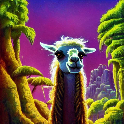 Prompt: llama with dreadlocks, smooth light, jungle in background, by Paul Lehr, detailed, macro