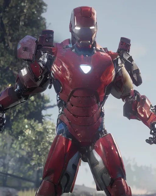 Image similar to robust and bulky iron man suit in red dead redemption 2, cinematic, photorealistic