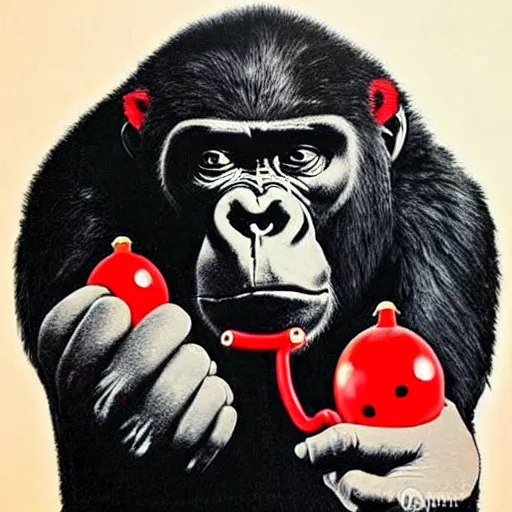 Image similar to gorilla with red headphones on holding a amanita muscaria made by banksy