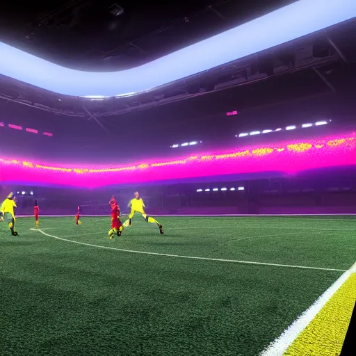 Prompt: unreal engine 5 render of a soccer game being played in a neon - lit cyberpunk themed stadium