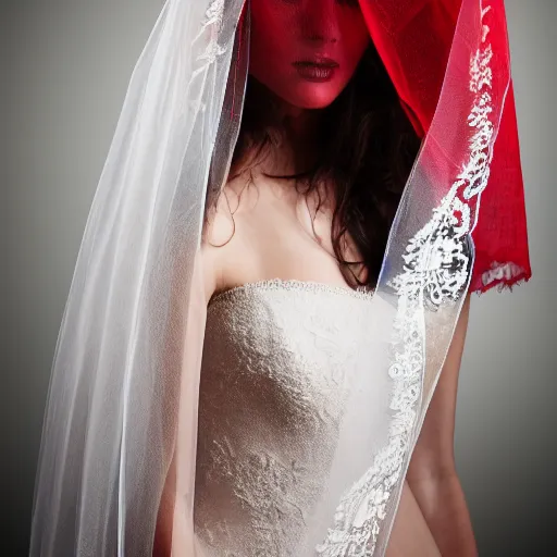 Prompt: Photorealistic photo of woman wearing a red wedding embroidered veil, , dramatic lighting, 88mm lens