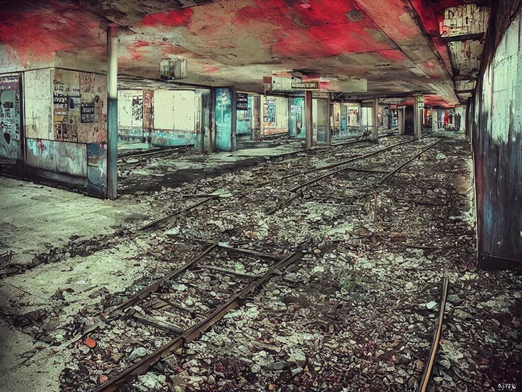 Image similar to “photography of abandoned subway station, urban decay, atmospheric, full of colour, digital photography”