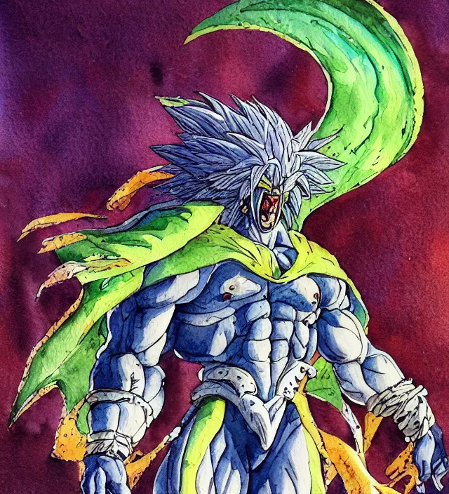 Image similar to a 3 / 4 view watercolor ink painting of broly as a demon in the style of jean giraud in the style of moebius trending on artstation deviantart pinterest detailed realistic hd 8 k high resolution