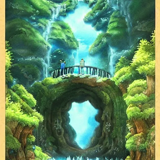 Image similar to “ ancient portal to other dimension in middle of waterfall in studio ghibli film, very detailed, masterpiece, chinese water color painting ”