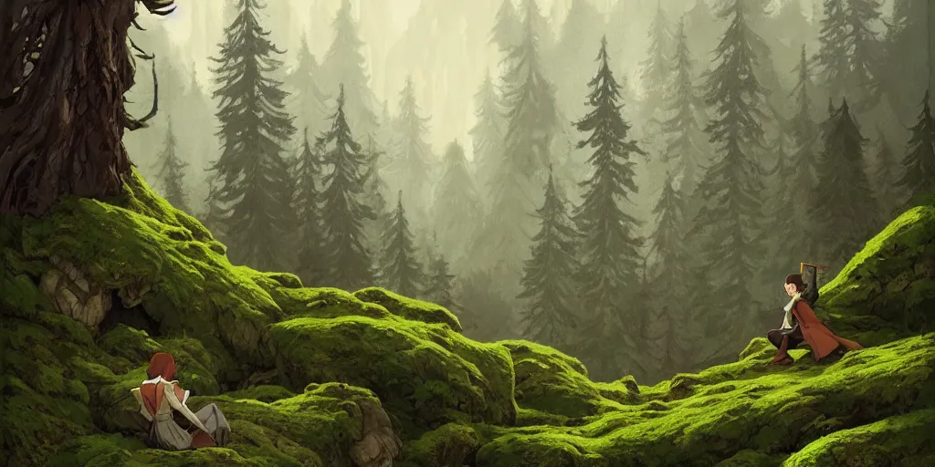 Image similar to a lonely forest background in transylvania, rocks, dead trees, a castle in the background, moss, in the style of studio ghibli, j. c. leyendecker, greg rutkowski, artgerm