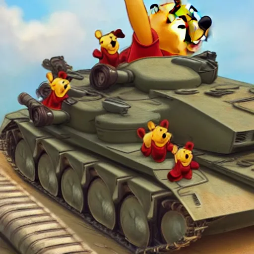 Prompt: winnie the pooh sitting down on road blocking chinese tanks, detailed defiant face, soldiers approaching, award winning photography, extremely detailed, artstation, 8 k, dramatic lighting, incredible art, wlop, artgerm