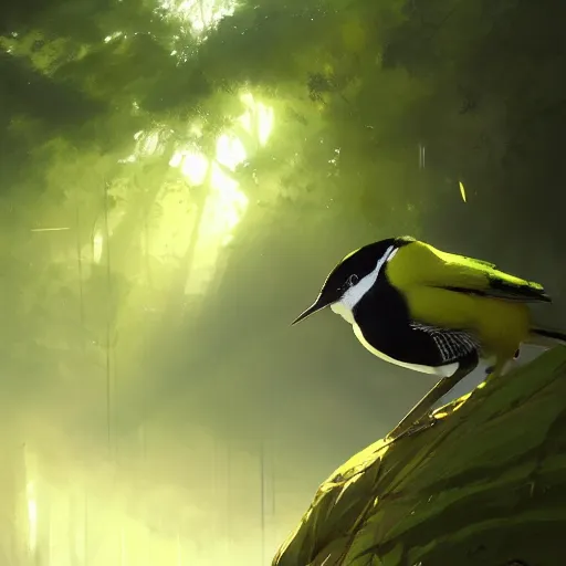 Image similar to green yellow white and black wren, reyezuelo listado, in avila pinewood, 4 k, concept art, by wlop, ilya kuvshinov, artgerm, krenz cushart, greg rutkowski, pixiv. cinematic dramatic atmosphere, sharp focus, volumetric lighting, cinematic lighting, studio quality