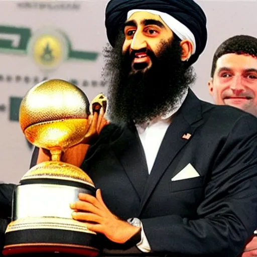 Image similar to photo of osama bin laden lifting larry o'brien trophy