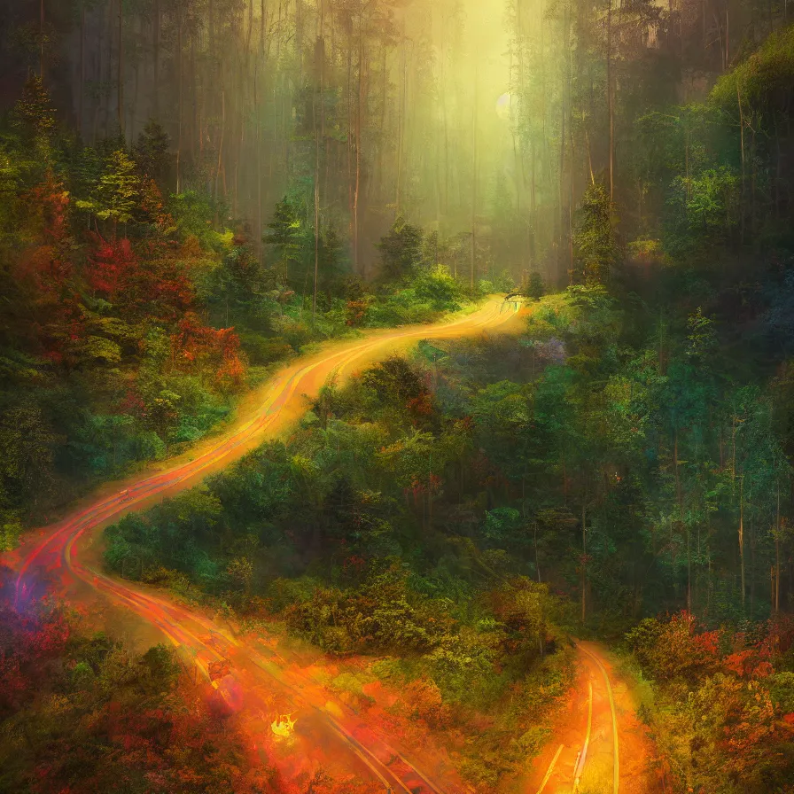 Prompt: intricate painting of a highway road leading to the horizon through a thick forest down a rocky mountain coast towards the sunset. atmospheric good vibes. colorful psychedelic, ultra realistic, concept art, modern art, photorealistic, octane render, 8 k, unreal engine. art by nori inoguchi and sam kaplan and zachary goulko and christopher marley