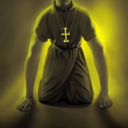 Prompt: An old catholic priest in black garbs kneeled in fervent prayer. His eyes are wide open with fear. Ominous dramatic yellow lighting. Overhead view, award-winning digital art, trending on ArtStation