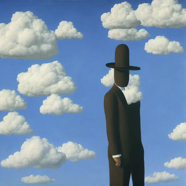 Image similar to cloud - man, by rene magritte, centered, detailed painting, hd, hq, high resolution, high detail, 4 k, 8 k