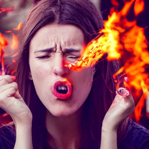 Image similar to photo of a woman blowing fire out of his mouth, movie scene, very real, astonishing, with fire effect