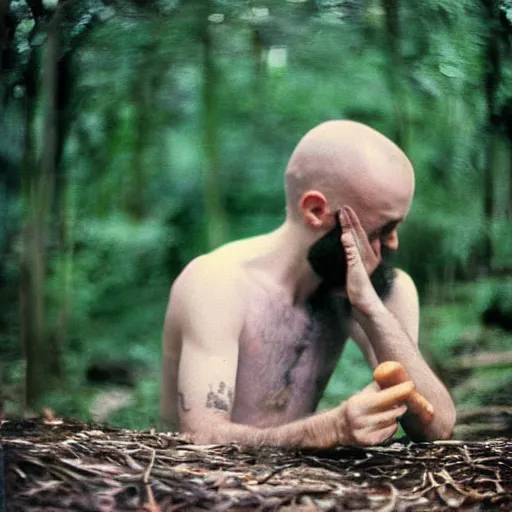 Prompt: “ a photo of a man being forced to eat small primates as part of a ritual, kodak ektachrome e 1 0 0 photography ”
