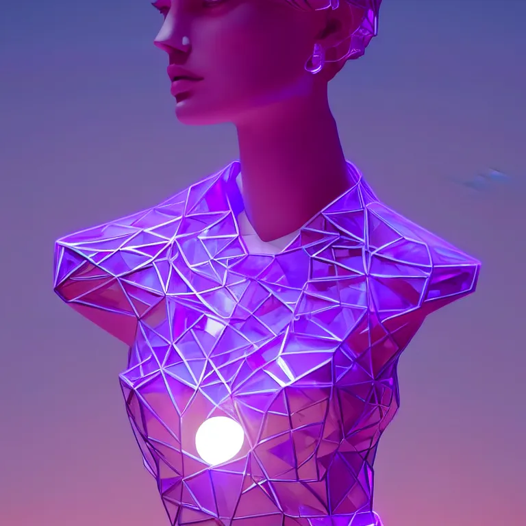 Image similar to beautiful mannequin sculpted out of amethyst by billelis + lit with 3 d geometric neon + doorway opening with neon pink geometric light + hosta flowers!!!, moon in background!!!!!!, rule of thirds, clean linework, dramatic, award winning, 4 k, trending on artstation, photorealistic, volumetric lighting, octane render