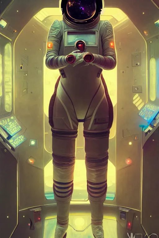 Image similar to portrait armored astronaut girl, inside spaceship command room viewing galaxy, ssci-fi neon light and fantasy, intricate and very very beautiful and elegant, highly detailed, digital painting, artstation, concept art, smooth and sharp focus, illustration, art by tian zi and WLOP and alphonse mucha