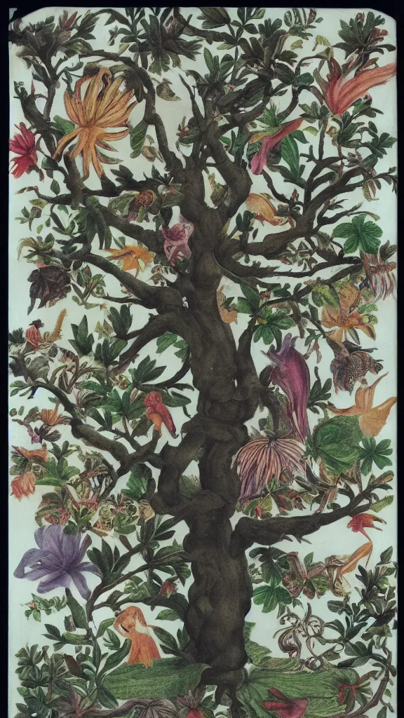 Image similar to tree, super 8 portrait by maria sibylla merian, derek jarman, barbara hammer, 4 k, 8 k, very very beautiful, stunning, twisted, vanishing, transparent, ethereal, colourful, highly detailed