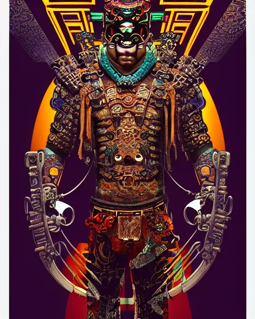 Image similar to portrait of a mayan masculine male cyberpunk jaguar warrior, machine face, upper half portrait, decorated with chinese opera motifs, muscular, asian, fine china, wuxia, traditional chinese art, intricate intense elegant, highly detailed symmetry headpiece digital painting artstation concept art smooth sharp focus illustration, art by moebius and frank miller alphonse mucha 8 k