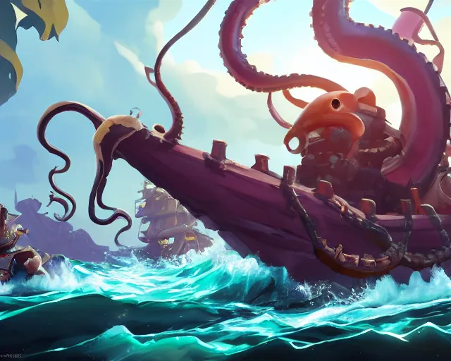 Prompt: sea of thieves concept art for a new large unreleased enemy type kraken anthropomorphic squid men humans, cgsociety, trending on artstation, rare ltd,