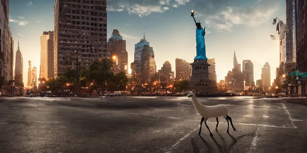 Image similar to a llama walking through a desolate manhattan city street at night, statue of liberty seen in the background, realistic 4 k octane beautifully detailed render, 4 k post - processing, highly detailed, intricate complexity, epic composition, magical atmosphere, cinematic lighting, masterpiece, ultra hd