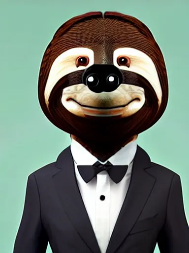 Image similar to anthropomorphic sloth in men's formalwear : : digital art, concept art, digital illustration, photorealism, hyperreal