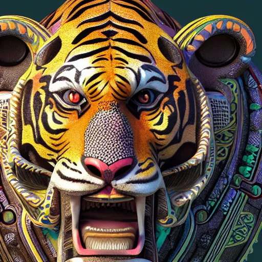 Prompt: 3 d breathtaking cool beautiful mayan ornate biomechanical coloured tiger, isometric perspective, 8 k octane render