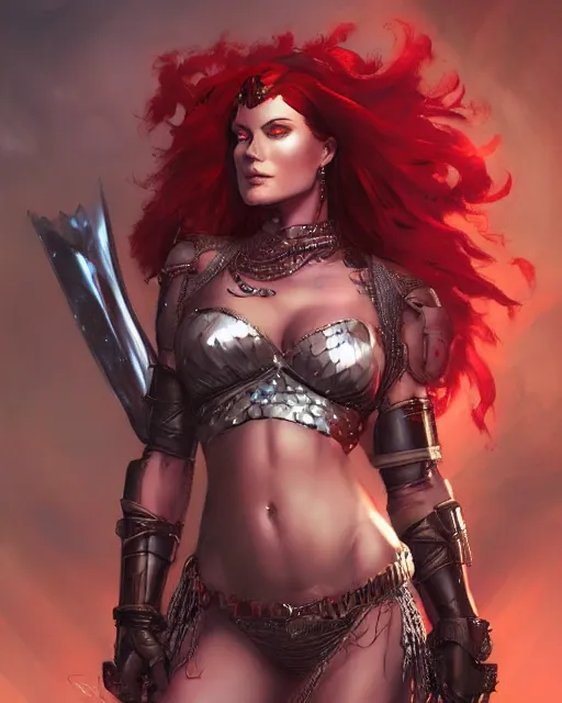 Prompt: a stunning portrait of red sonja as a cyberpunk princess, digital art by frank frazetta and julie bell and artgerm and ross tran and angel ganev, medium shot portrait, highly detailed, trending on artstationhq