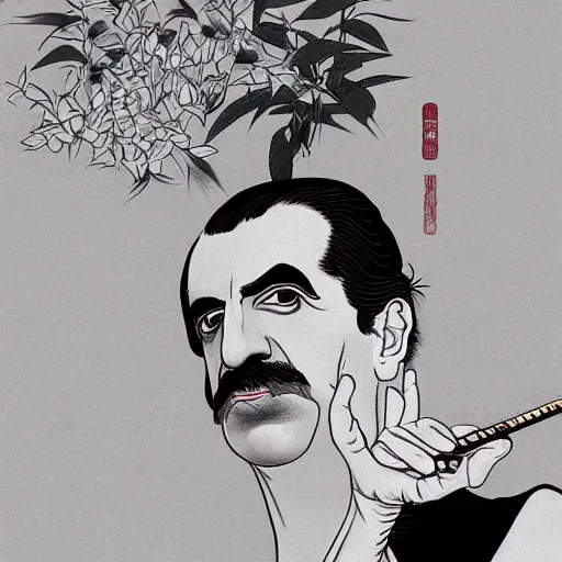 Image similar to frank zappa, digital art, utamaro kitagawa style