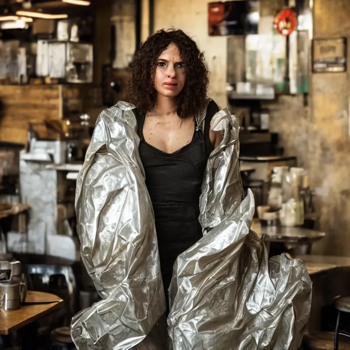 Prompt: closeup portrait of a woman wrapped in plastic, standing in a grungy dirty coffee shop cafe, color photograph, by vincent desiderio, canon eos c 3 0 0, ƒ 1. 8, 3 5 mm, 8 k, medium - format print