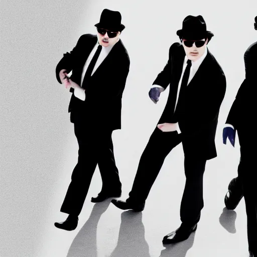 Image similar to blues brothers walking towards camera with white background. wearing suits. strong shadows. high contrast. serious look. carrying a pistol