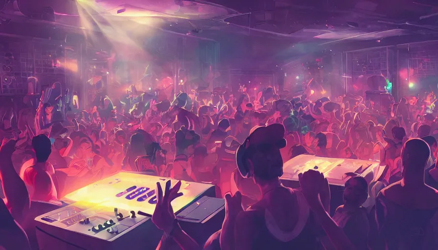 Prompt: a dj and rapper in a club with people dancing around, cinematic lighting, establishing shot, art by jordan grimmer