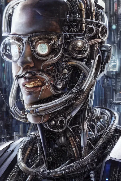 Image similar to an extremely high quality hd, a digital painting of a man's face surrounded by mechanical parts, cyberpunk art by h. r. ( hans ruedi ) giger, featured on cgsociety, afrofuturism, circuitry, tesseract, dystopian art, 8 k, ultra realistic, very realistic