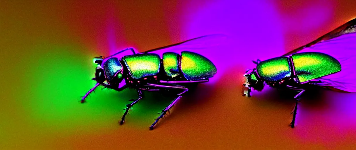 Image similar to high quality photo glowy iridescent mutant fly! jeweled very beautiful! highly detailed digital art david ligare elson peter cinematic purple neon lighting high quality low angle hd 8k sharp shallow depth of field