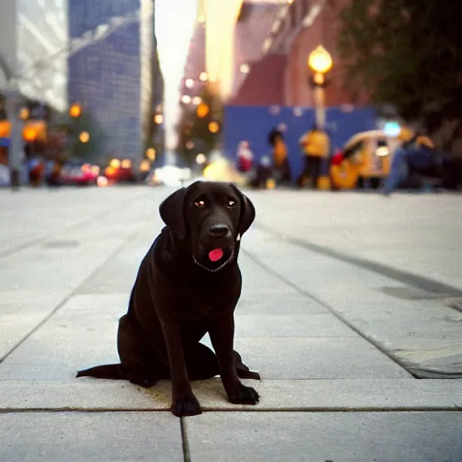 Prompt: Portrait of a b-boy Labrador doing powertricks on the sidewalk in downtown Philadelphia, photographed for Reuters. 25mm, f/1.8, Portra 400, very beautiful, composition.