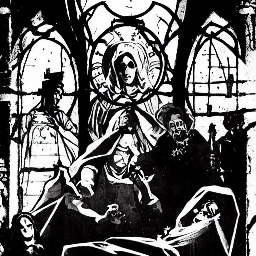 Prompt: Our Lady of Splintered Glass. Religious, Dark Fantasy, Film Noir, Black and White. High Contrast, Mike Mignola, D&D, OSR