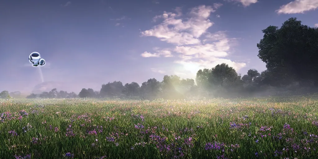 Prompt: chrome blob hovering over a meadow daylight flowers wildlife photorealistic wonderful render unreal ultrawide