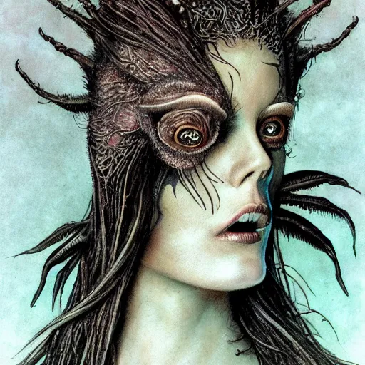 Prompt: detailed illustration of attractive humanoid alien species with beautiful human female face, female human torso, dark fae, black feathers instead of hair, feathers growing out of skin, wings growing out of arms, transformation, floating in zero gravity on starship, brian froud, tim burton, guillermo del toro, science fiction