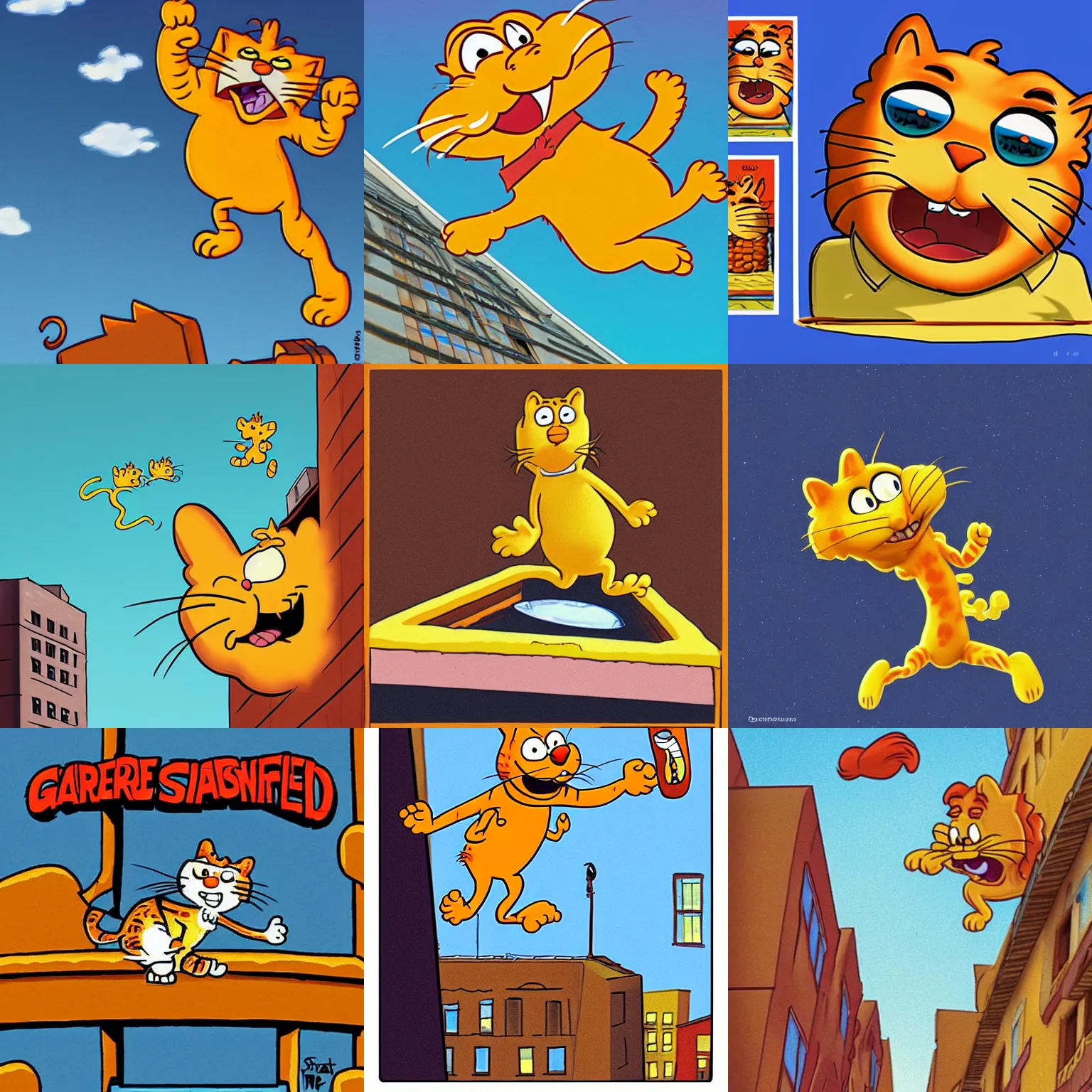 Prompt: “Garfield the cartoon cat jumping from a tall building while screaming where’s my lasagna, illustrated by Pixar”
