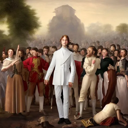 Prompt: portrait of a regal prince with sharp cheekbones, white clothes, high collar, surrounded by a crowd of peasants, modern digital art, matte painting