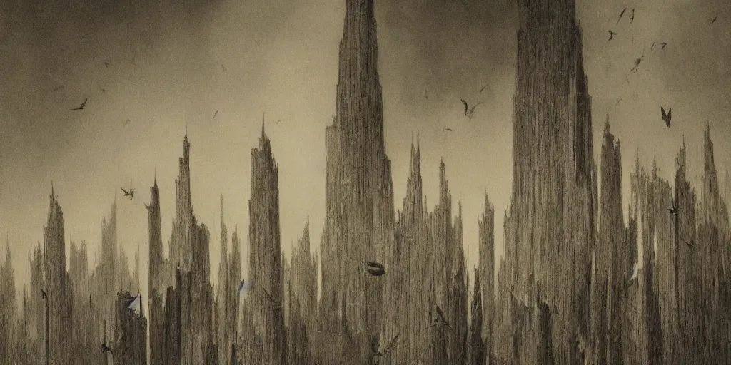 Image similar to many small birds, shining light, rays of light, by beksinski, shining light, high clouds, towers, Award winning, pencil drawing, masterpiece, detailed illustration
