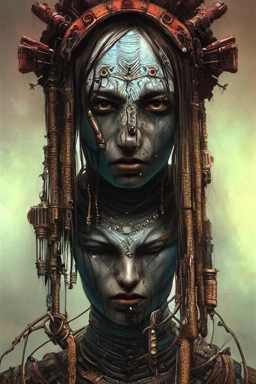 Prompt: a hyperrealistic acrylic portrait painting of a cyberpunk - necromancer by artgerm, beksinski and thomas kinkade. intricate details. believable eyes. head and shoulders. front on, symmetrical. epic fantasy art. indian and japanese mythology. rama. samurai.